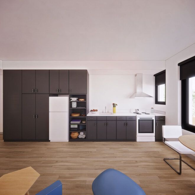 One type of bedroom with black cabinets and a white stove