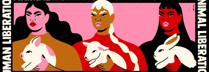 Three women drawings holding a bunny in each of their arms