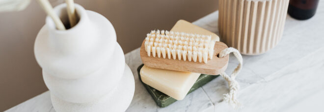 Eco-friendly toiletries such as soap, a body brush and toothbrushes