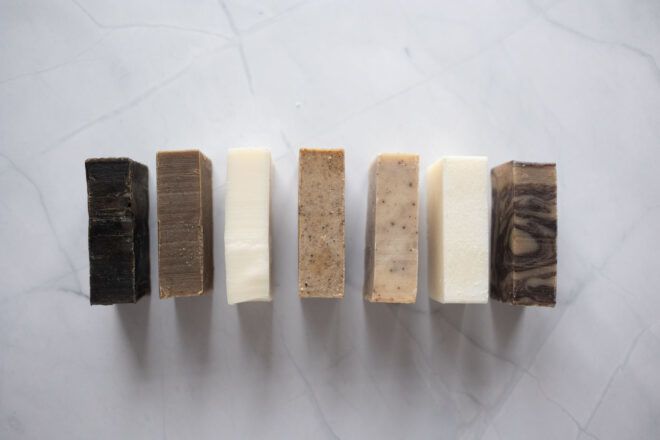 An array of natural soaps lined up