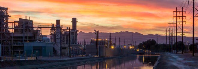 A power plant at sunset