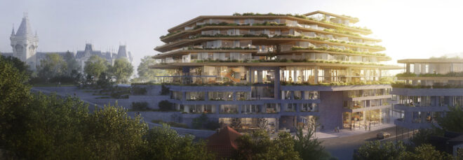 A wide view of the residential building surrounded by plants