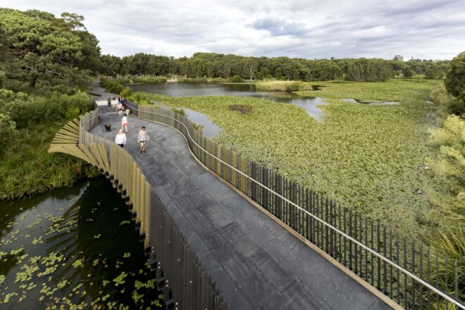 Upper view of the bridge with pedestrians