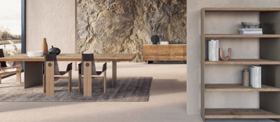 A room with shelves and tables