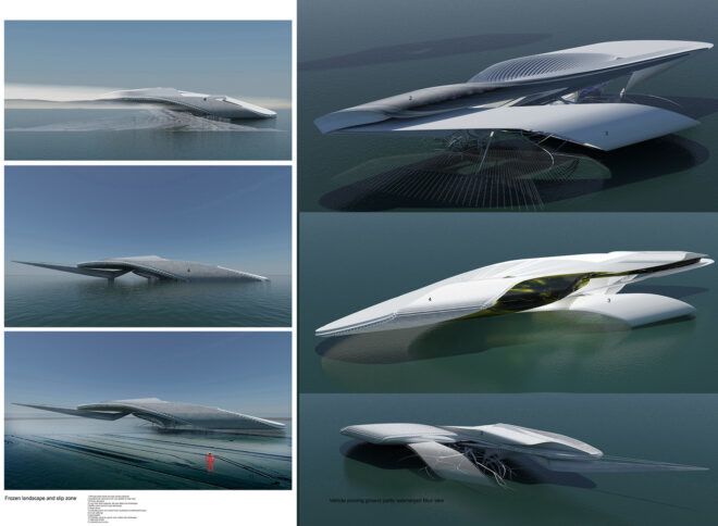 A swooshy structure shot from multiple angles