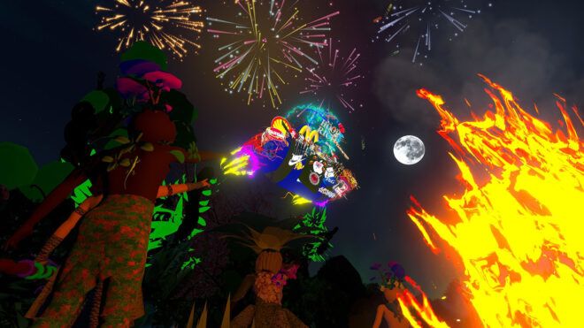 A digital drawing of a moon with a bonfire
