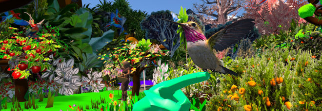 A digital drawing of a hummingbird amidst a forest landscape