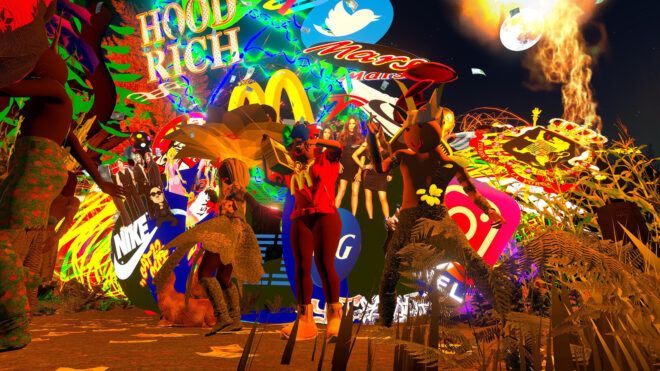 A VR digital graphic of people gathered