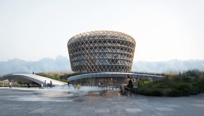 A venue building that is shaped cylindrically
