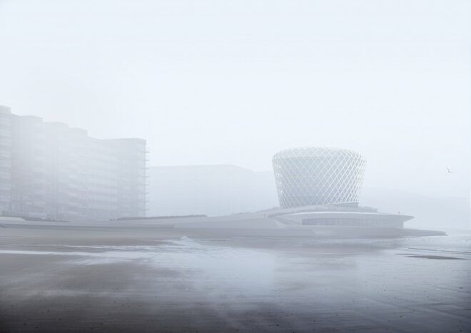 A building by a water landscape during a foggy day