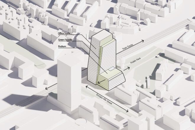 Diagram indicating the building components and surrounding context