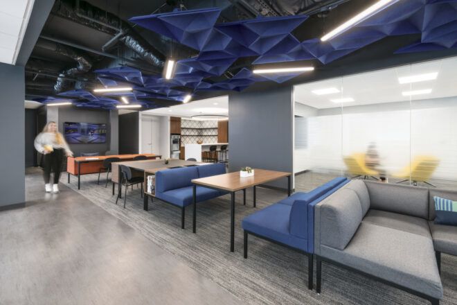 Flexible work/lounge space with decorative Hues Royal Blue and Azure ceiling baffles