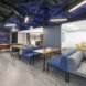 Flexible work/lounge space with decorative Hues Royal Blue and Azure ceiling baffles