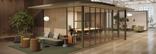 Neutral, cozy office space with seating