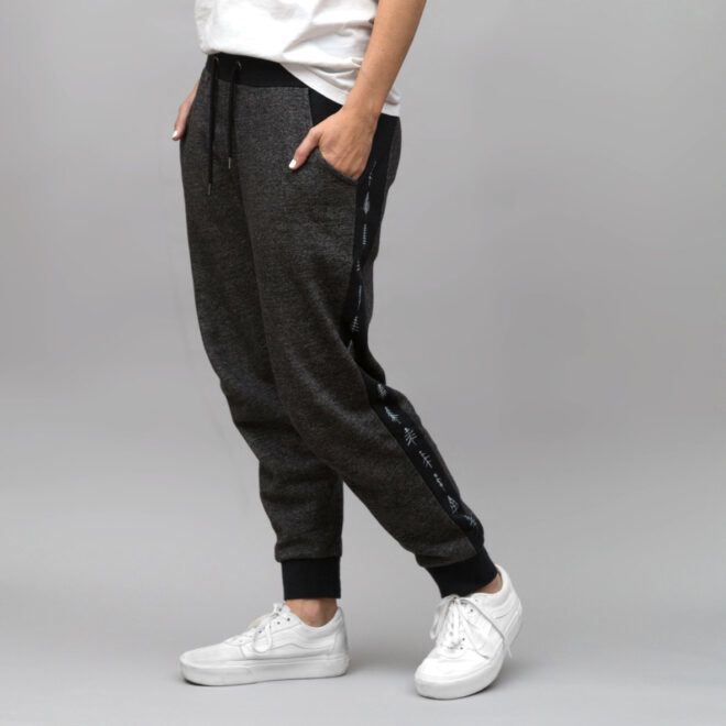 A model in gray joggers with white shoes