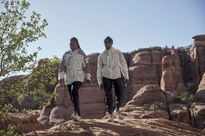 Two people in the shoes hiking