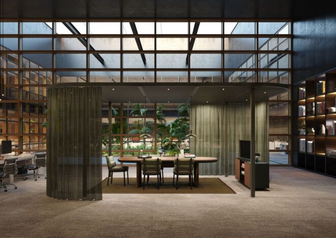 Dark and warm office space with Pavilion O and curtains