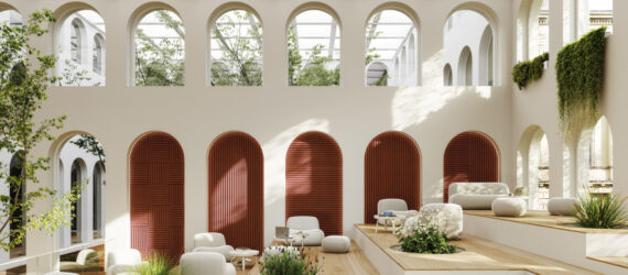 Steps with space for seating. In the background, some arched windows feature Hues Ultisol wall soundproofing