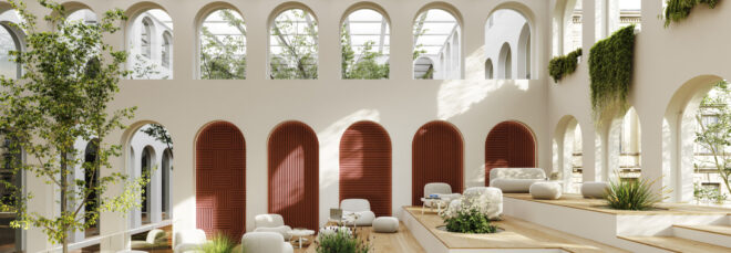 Steps with space for seating. In the background, some arched windows feature Hues Ultisol wall soundproofing