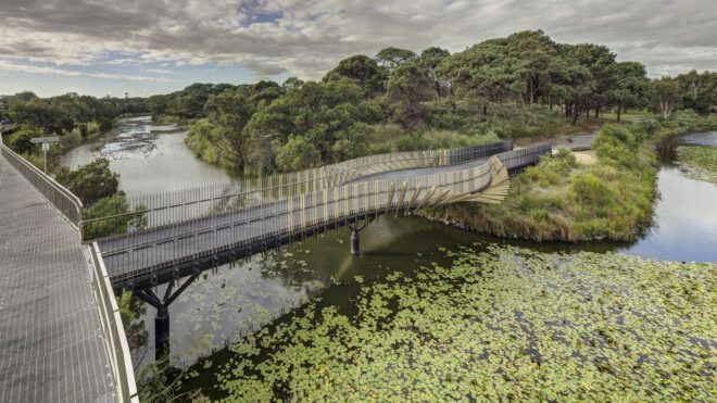 Aerial view of the bridge and path it connects to