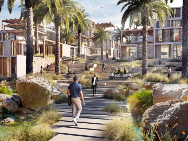 People walking, riding bikes, and driving electrical buggies through a lush, residential area