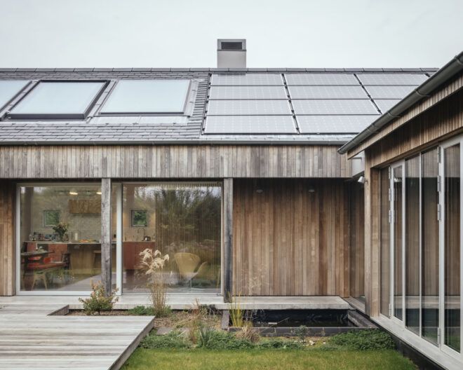 Skylights on the roof and photovoltaic panels
