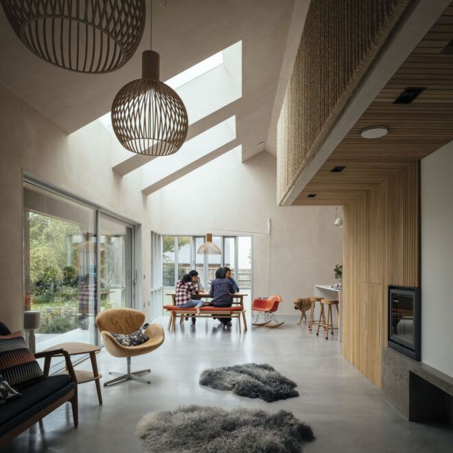 Dining area with natural light and concrete floors