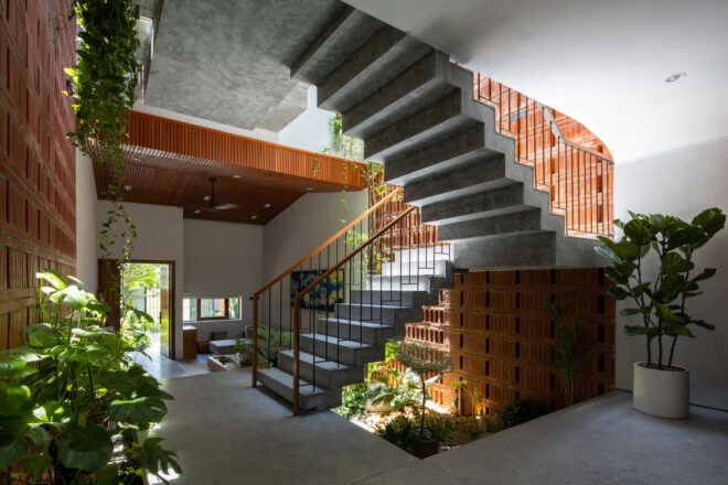 Staircase leading up to a garden