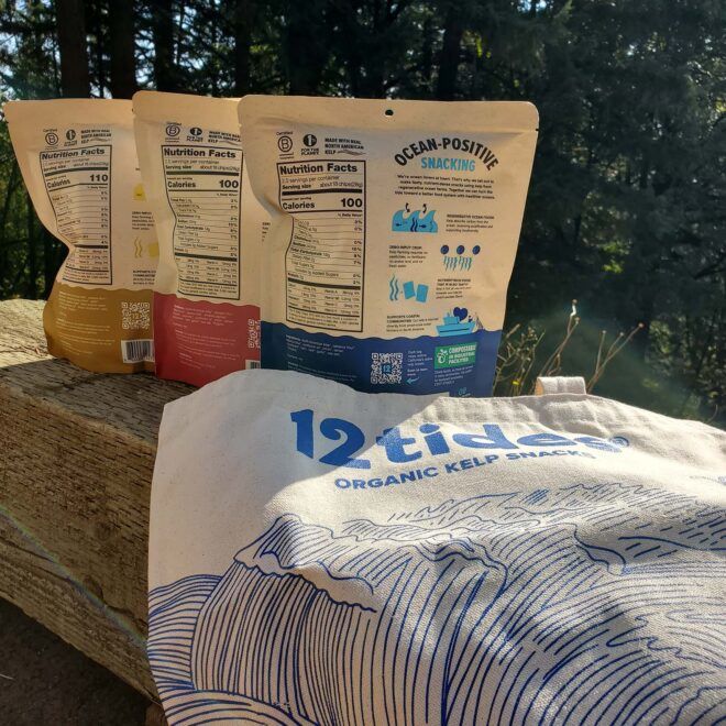 Kelp chip bag with a 12 Tides tote bag