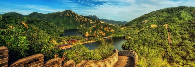 The Great Wall of China and a river with a hill range