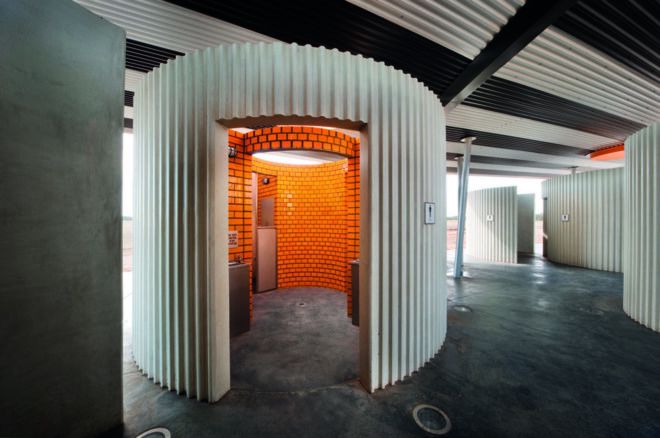 Interior of the building with orange brick