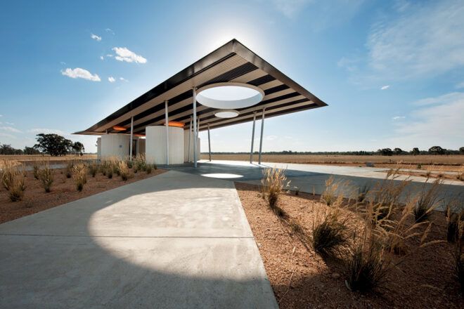 The rest area when sunlight is directly hitting a circle in the roof