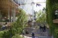 Interior rendering of public space with lots of people and vegetation occupying the space