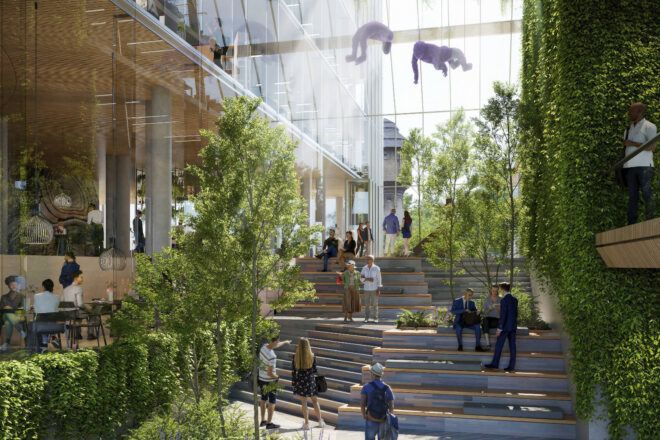 Interior rendering of public space with lots of people and vegetation occupying the space