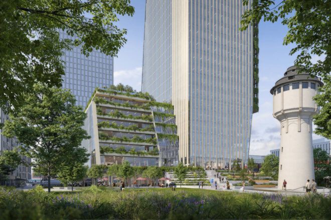 Office block with lots of greenery on the balconies and within the area