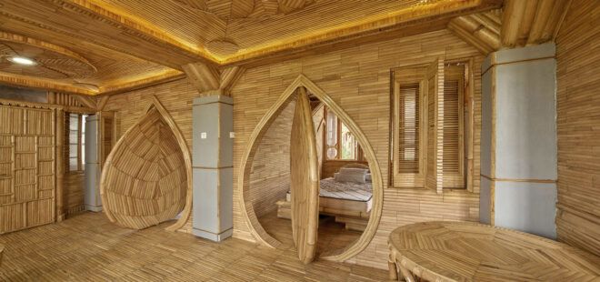 An interior doorway and walls made all out of bamboo