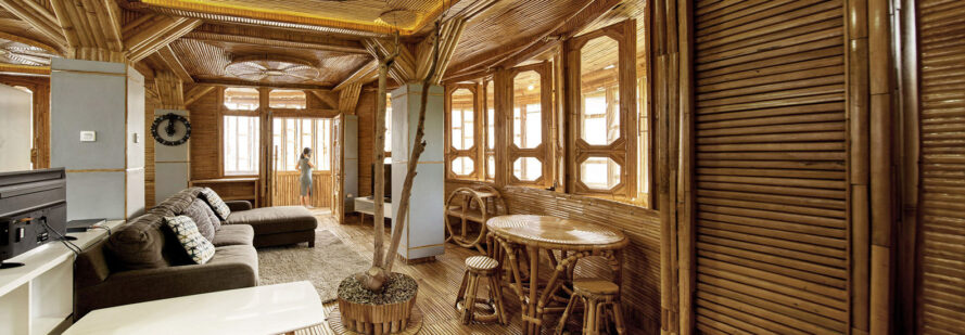 A dining room area built out of bamboo