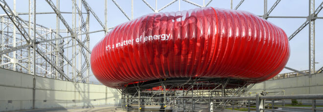 A red inflatable object