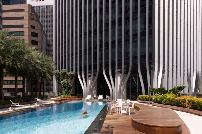 Outside pool area at the base of the building