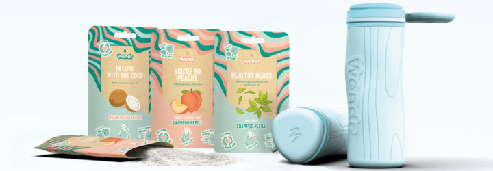 All three scents in sachets with a blue bottle