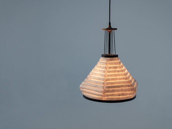 A hanging triangular lamp