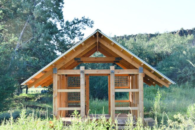 A timber structure with a pitched roof