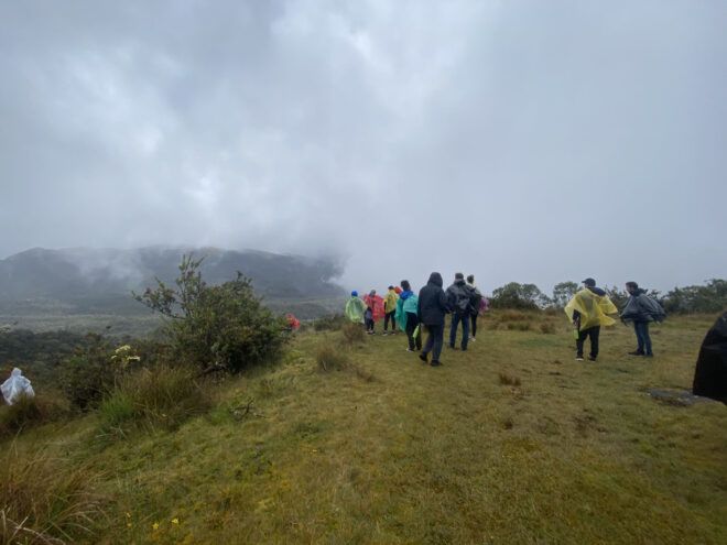 Tourists walking on a foggy day in the national park