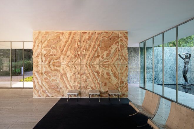 View of natural wood wall within the pavilion