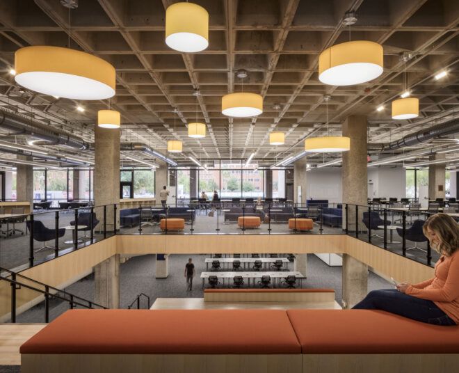 Renovated library with wood and circular lights