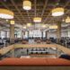 Renovated library with wood and circular lights