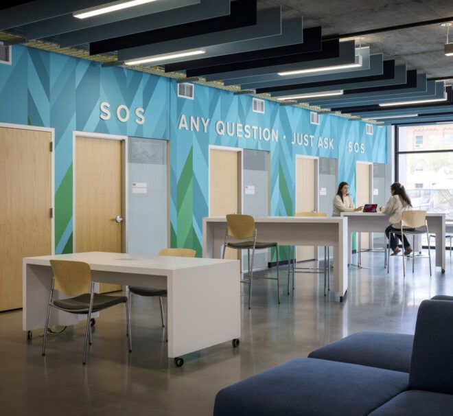 Student study area with blue and green wallpaper