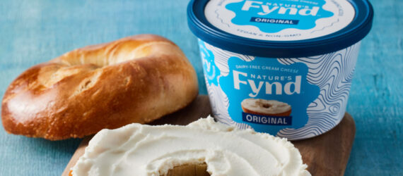 Blue background with dairy-free cream cheese bread on a bagel