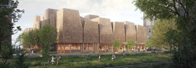 Flat-roof building made with wood