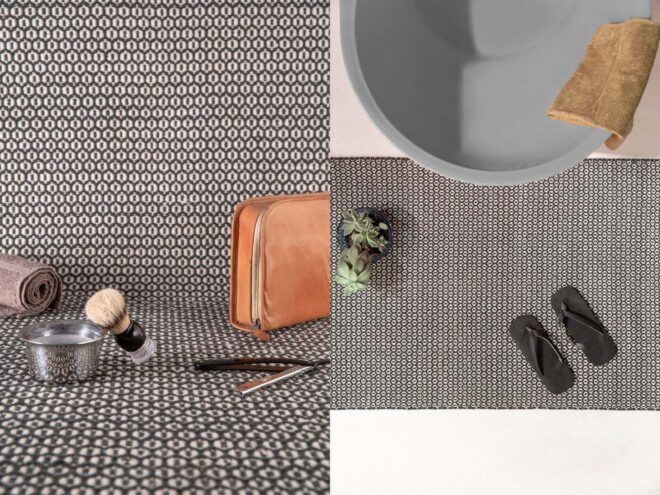 Chef rug in gray with staged products